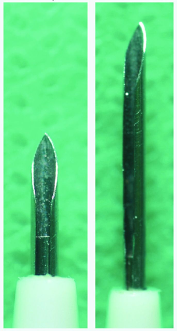 Needle geometry measurements. (a) Length of the hair implant needle (A=